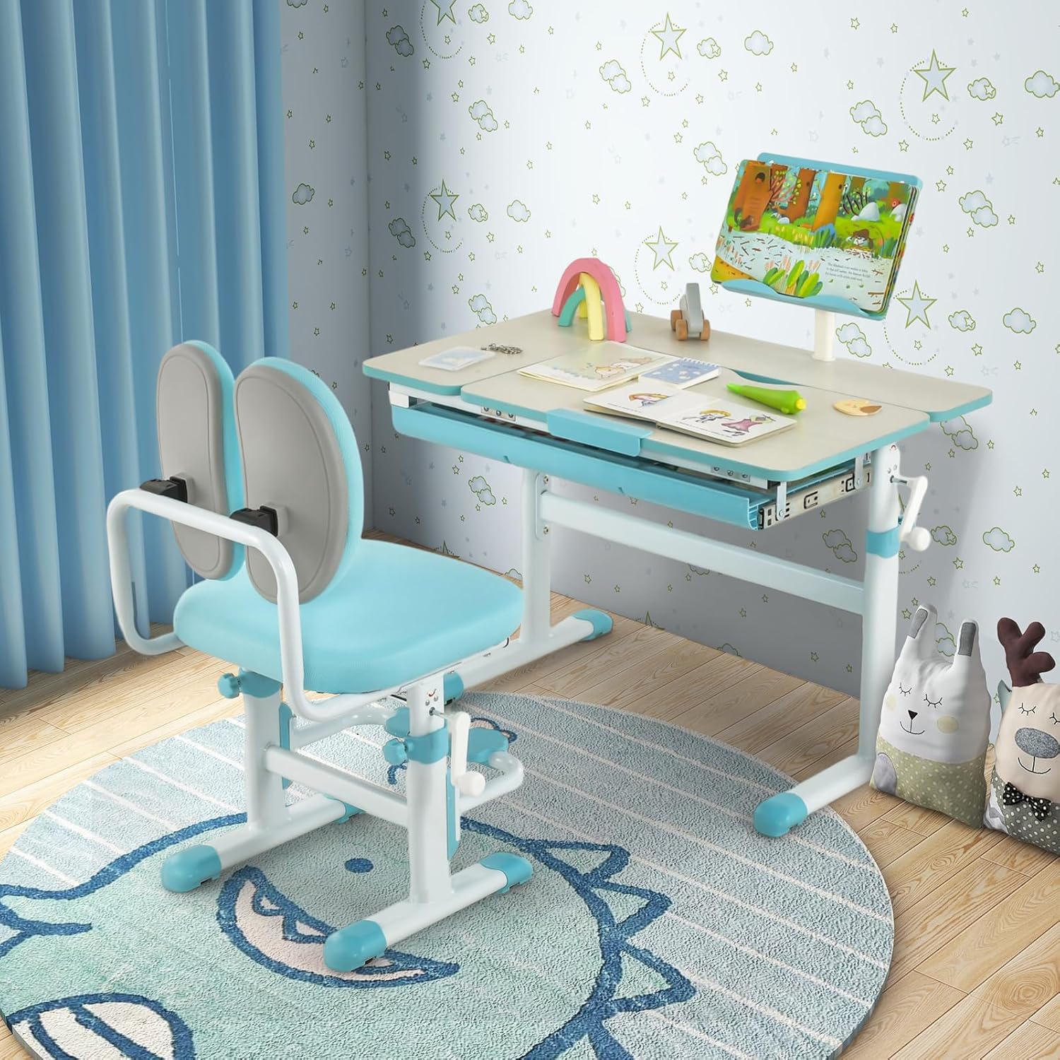 Bureau Enfants avec Réglable en Hauteur (51-73 cm) & Plateau Inclinable(0-60°), Table d'Etude Ergonomique avec Support de Livre & Tiroir, Charge 80kg pour Enfants de 3-12 Ans Bleu