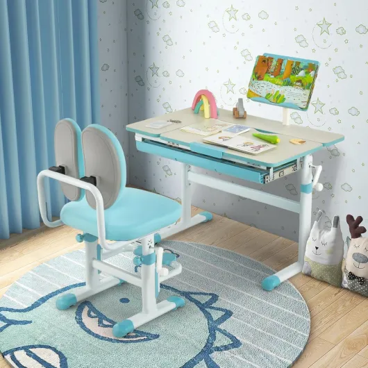 Bureau Enfants avec Réglable en Hauteur (51-73 cm) & Plateau Inclinable(0-60°), Table d'Etude Ergonomique avec Support de Livre & Tiroir, Charge 80kg pour Enfants de 3-12 Ans Bleu