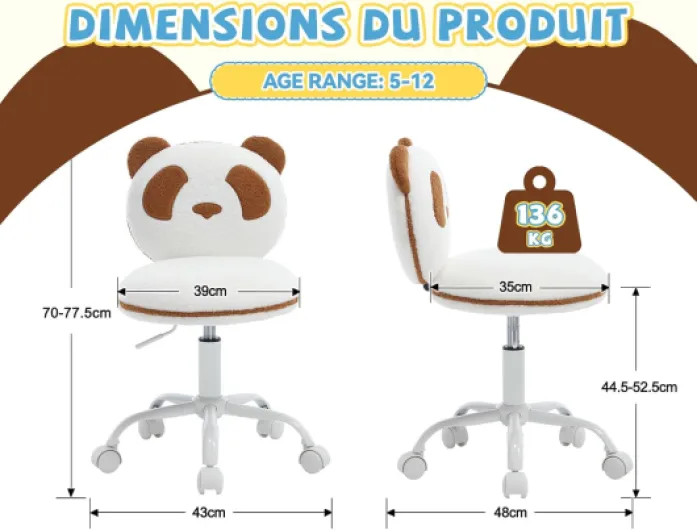 Chaise de Bureau Enfant Pivotante Chaise pour Enfants Réglable avec Motif Panda Fauteuil Ergonomique pour Étudier et Lire, Marron