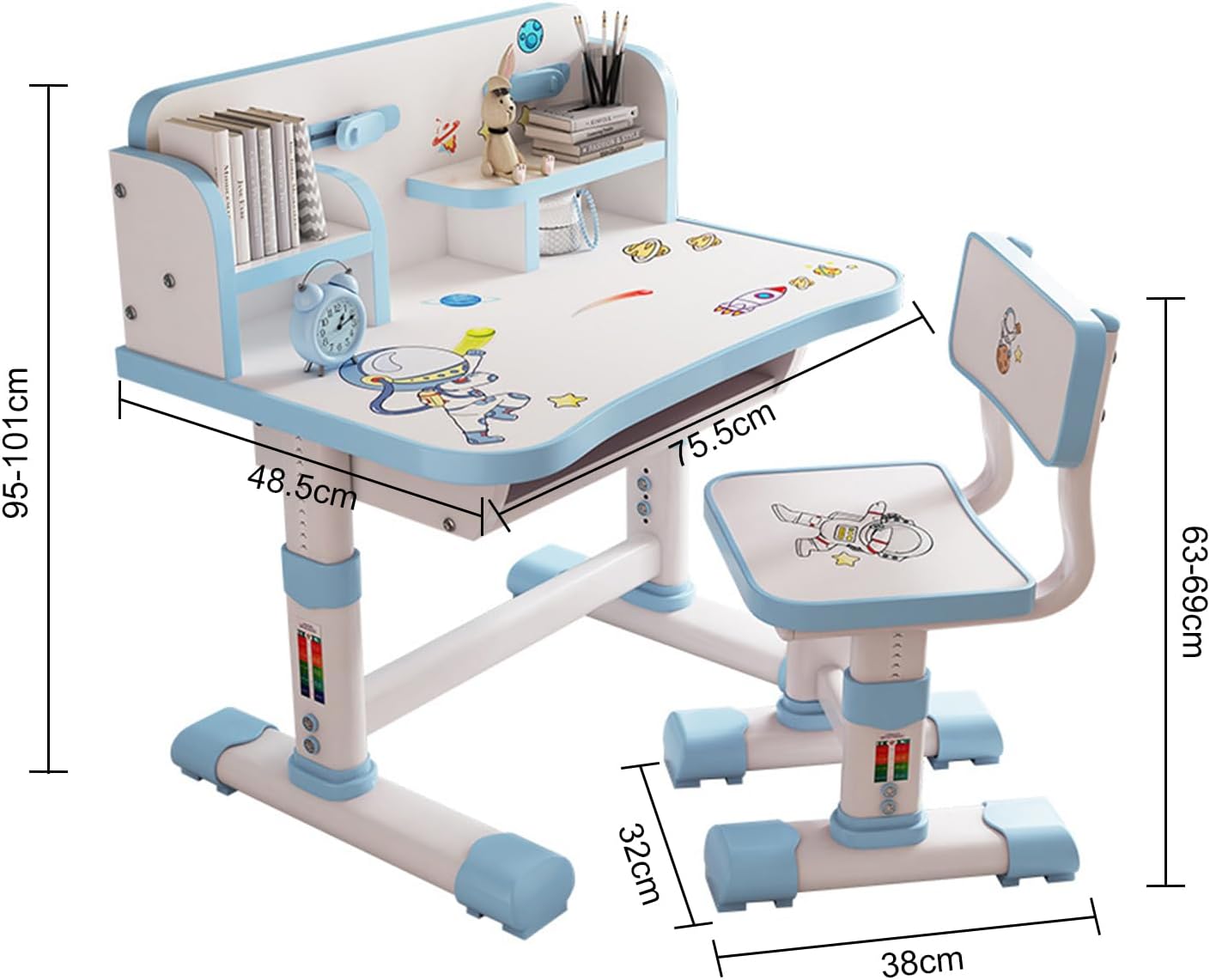 Bureau Enfant, Bureau Enfant avec Rangement et Chaise Réglable en Hauteur, Bureaux Fille Garçon 3-18 Ans, Plateau Large, Design Ergonomique pour Posture, Cartoon (Bleu)