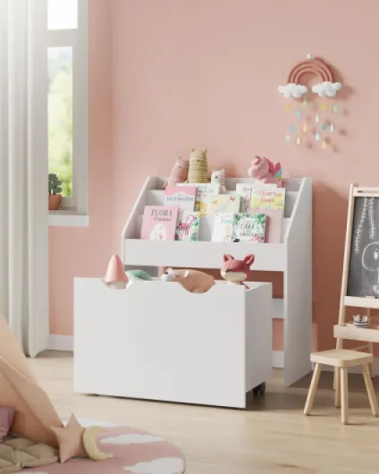 Étagère pour Jouets, 3 Compartiments Bibliothèque pour Enfants, Boîte à Jouets Mobile, avec roulettes, Multi-Usage, pour Chambre d'enfant et Salle de Jeux, Blanc Nuage GKR041W10