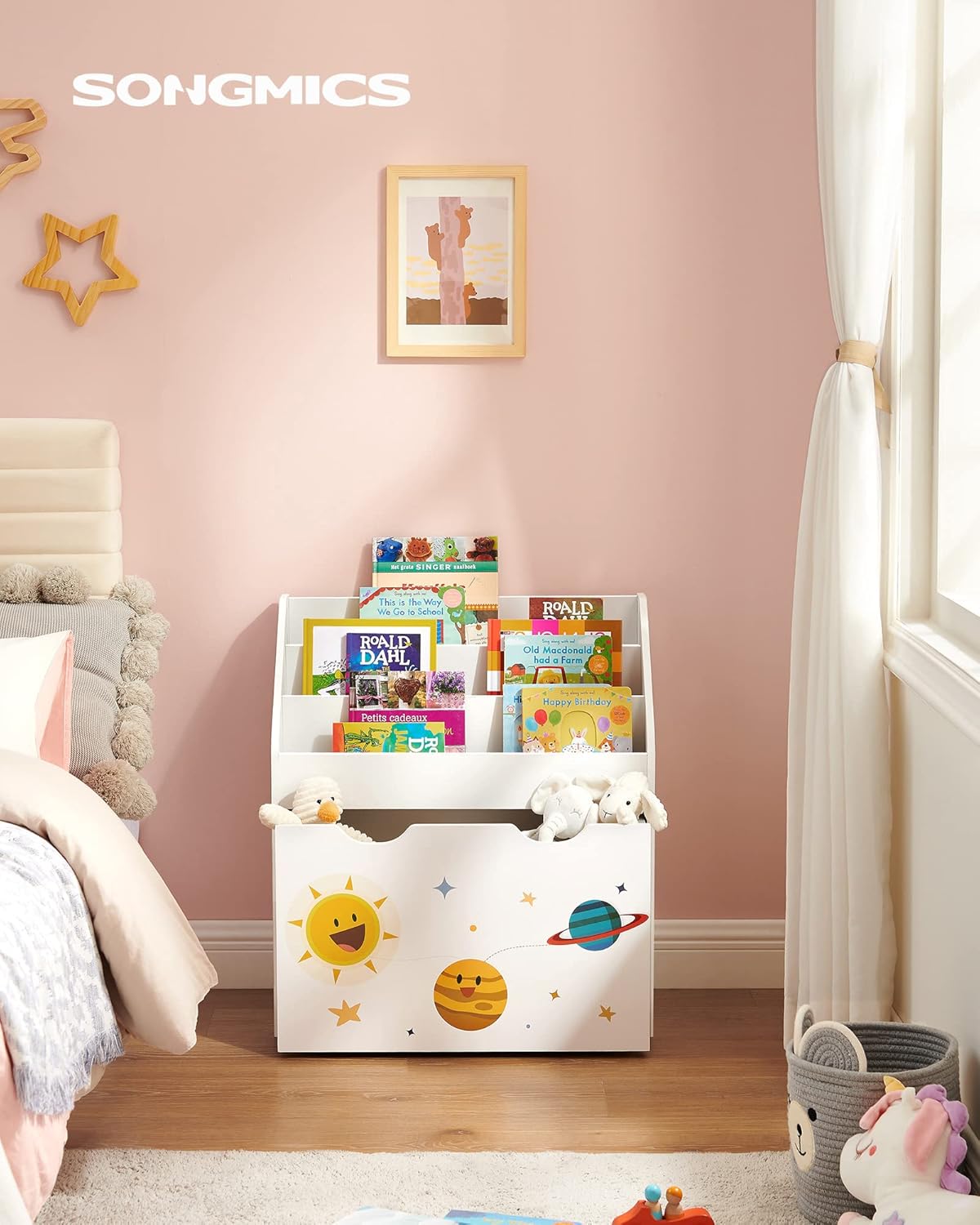 Étagère pour Jouets, 3 Compartiments Bibliothèque pour Enfants, Boîte à Jouets Mobile, avec roulettes, Multi-Usage, pour Chambre d'enfant et Salle de Jeux, Blanc GKR41WT Motifs