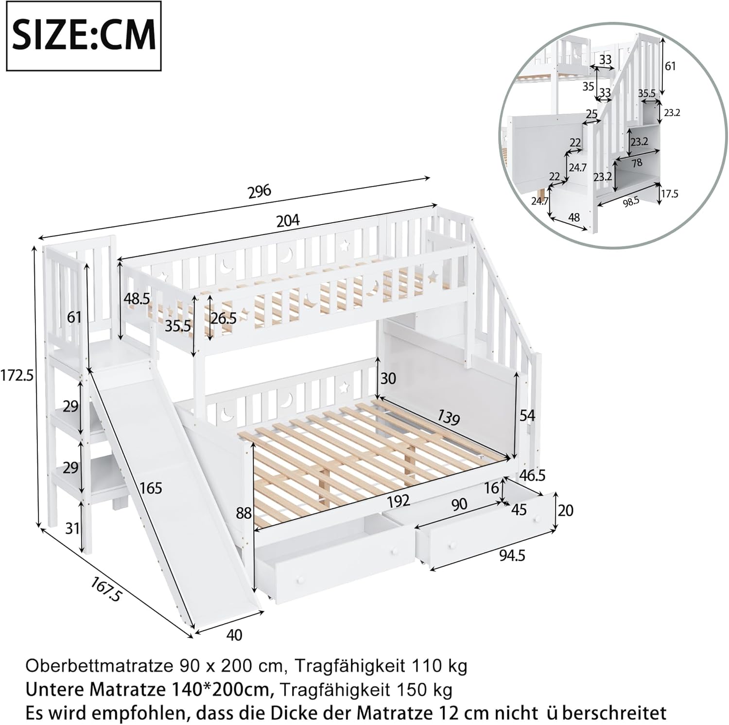 Lit superposé en Bois Massif 90x200+140x200 cm avec Toboggan sécurisé, échelle avec étagère, 2 tiroirs de Rangement et sommier à Lattes – Blanc Blanc 11