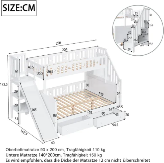 Lit superposé en Bois Massif 90x200+140x200 cm avec Toboggan sécurisé, échelle avec étagère, 2 tiroirs de Rangement et sommier à Lattes – Blanc Blanc 11