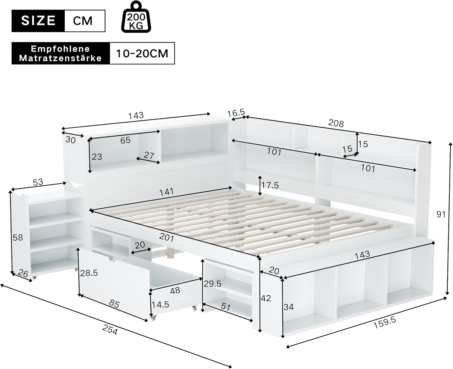 Lit Enfant 140x200 cm avec Rangement, Cadre de Lit Enfant Multifonctionnel avec Tiroirs, Bibliothèque Intégrée et Casier de Rangement, Structure en Métal avec Sommier à Lattes, Blanc Blanc-a 140*200cm
