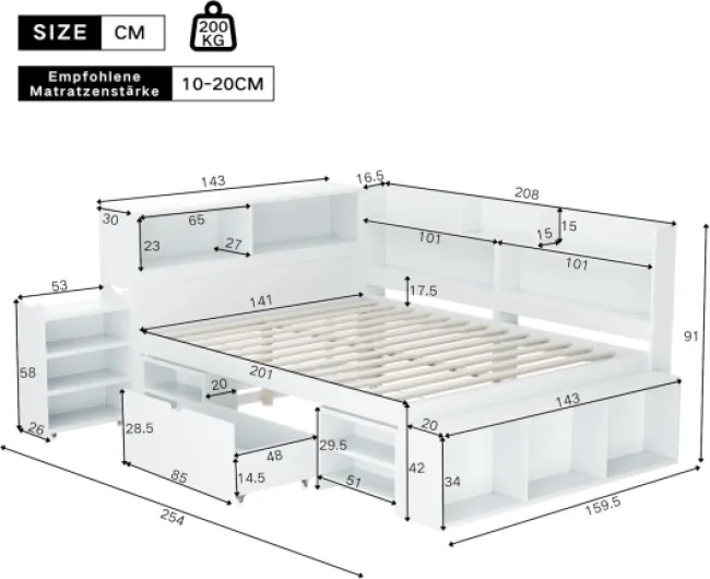 Lit Enfant 140x200 cm avec Rangement, Cadre de Lit Enfant Multifonctionnel avec Tiroirs, Bibliothèque Intégrée et Casier de Rangement, Structure en Métal avec Sommier à Lattes, Blanc Blanc-a 140*200cm