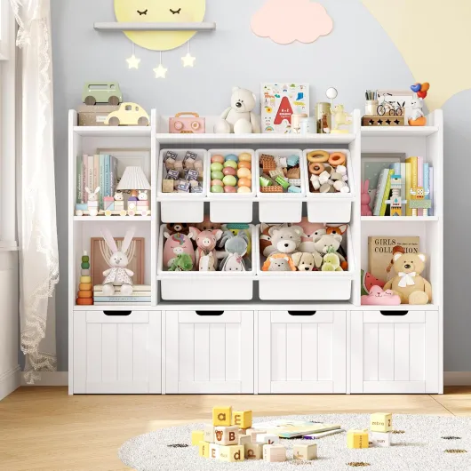 140cm Meuble Rangement Enfant Bibliothèque Enfant avec 7 Étagères 6 Boîtes Amovibles 4 Tiroirs Roulants Rangement Jouet pour Chambre d’Enfants Salle de Jeu 140x30x106cm Blanc