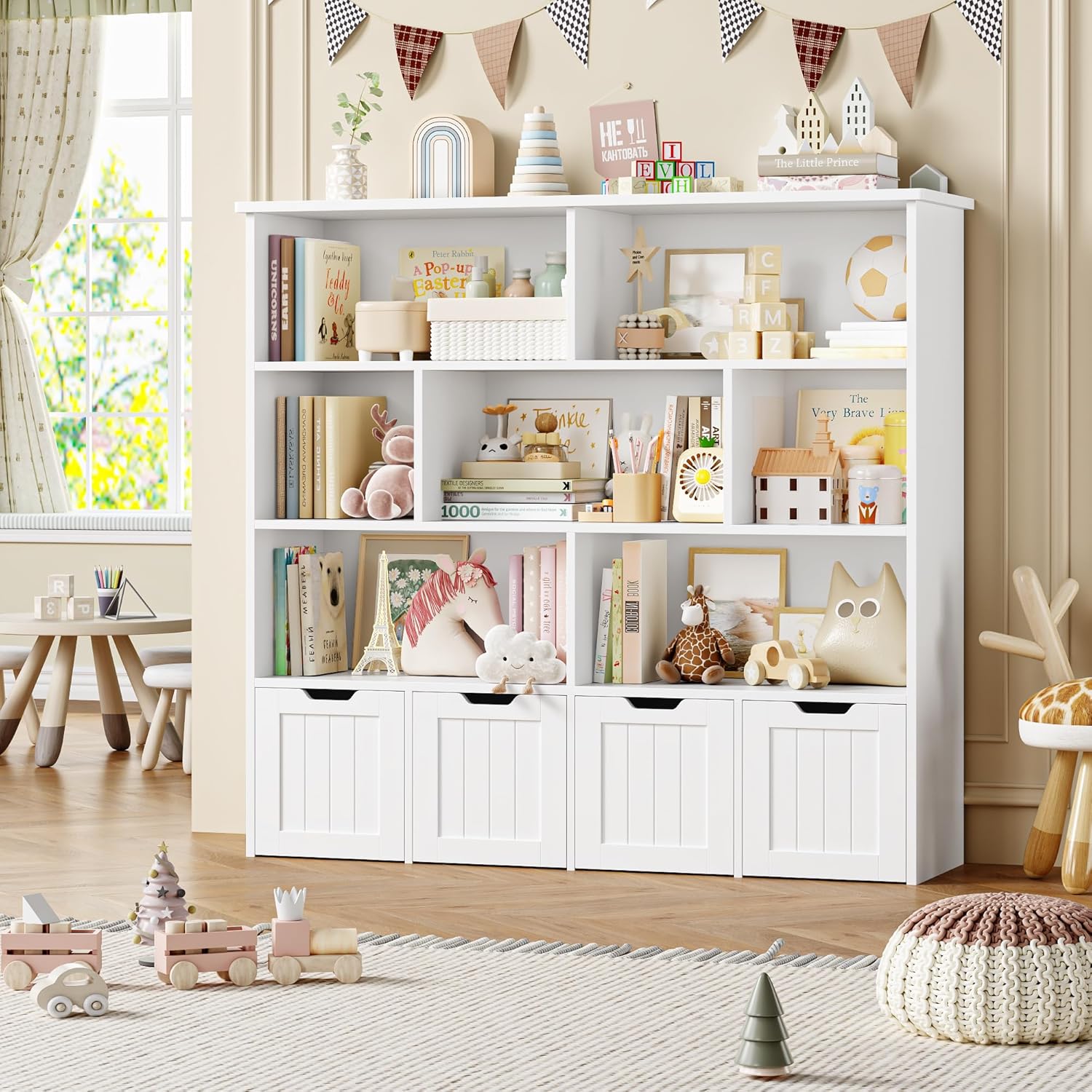 Meuble de Rangement Enfant Bibliothèque Enfant avec 8 Étagères 4 Tiroirs Roulants Rangement Jouet pour Chambre d’Enfant Salle de Jeu 125.5x33x118cm Blanc