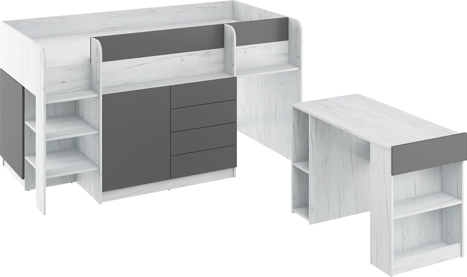 Lit Mi-Hauteur Enfant 90x200cm - Lit Mezzanine avec Bureau, Tiroirs Et étagère – Gain de Place– Escalier à Gauche – Smile (Craft Blanc/Graphite) Escalier à Gauche Craft Blanc / Graphite