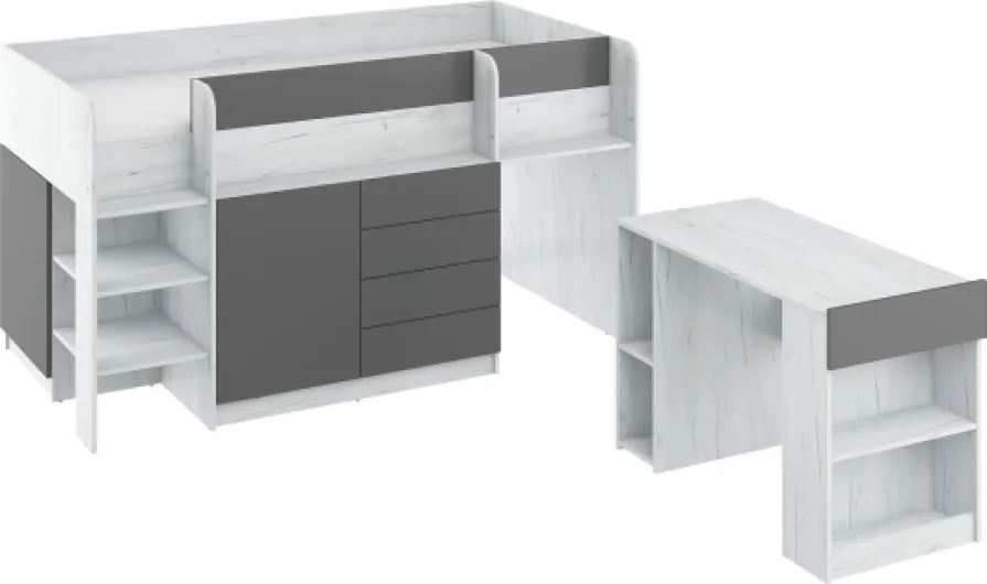 Lit Mi-Hauteur Enfant 90x200cm - Lit Mezzanine avec Bureau, Tiroirs Et étagère – Gain de Place– Escalier à Gauche – Smile (Craft Blanc/Graphite) Escalier à Gauche Craft Blanc / Graphite