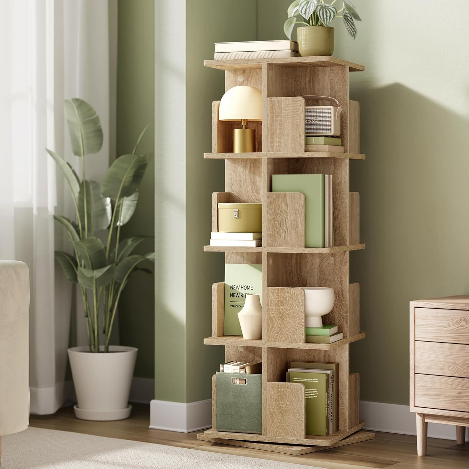 Étagère Livre Rotative 360° à 4 Niveaux, Bibliothèque Colonne Tournante, Meuble de Rangement Moderne pour Salon, Bureau, Chambre, 40x40x129 cm, Chêne Clair 4 Niveaux （40L x 40P x 129H cm） Chêne Clair