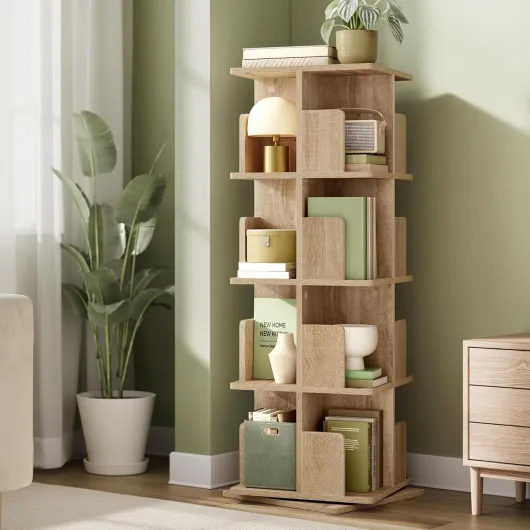 Étagère Livre Rotative 360° à 4 Niveaux, Bibliothèque Colonne Tournante, Meuble de Rangement Moderne pour Salon, Bureau, Chambre, 40x40x129 cm, Chêne Clair 4 Niveaux （40L x 40P x 129H cm） Chêne Clair