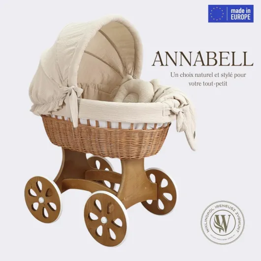 Wiklinopol Couffin Bébé avec Support en Bois et roulettes Annabell – Berceau en Osier avec Matelas et Linge 5 Pièces Mousseline Beige – Poussette de lit Naturel pour Nouveau-né Mousseline beige Naturel