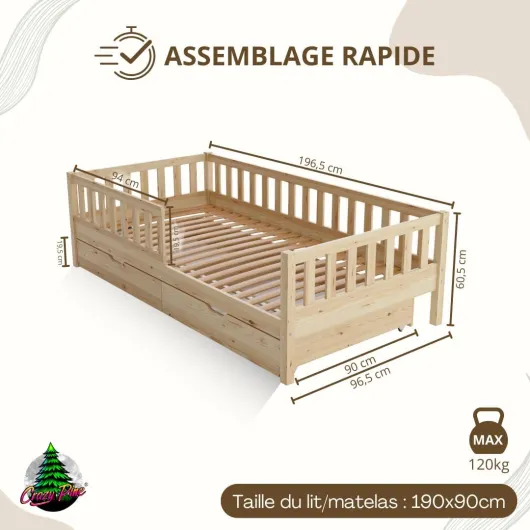 Lit Enfant avec Tiroirs 190x90 cm – Montessori au Sol en Bois Massif avec Barrière – Sécurisé pour Tout-Petit – Design Scandinave, Montage Facile - Crazy Basic 190 x 90 cm Bois Naturel avec Tiroirs