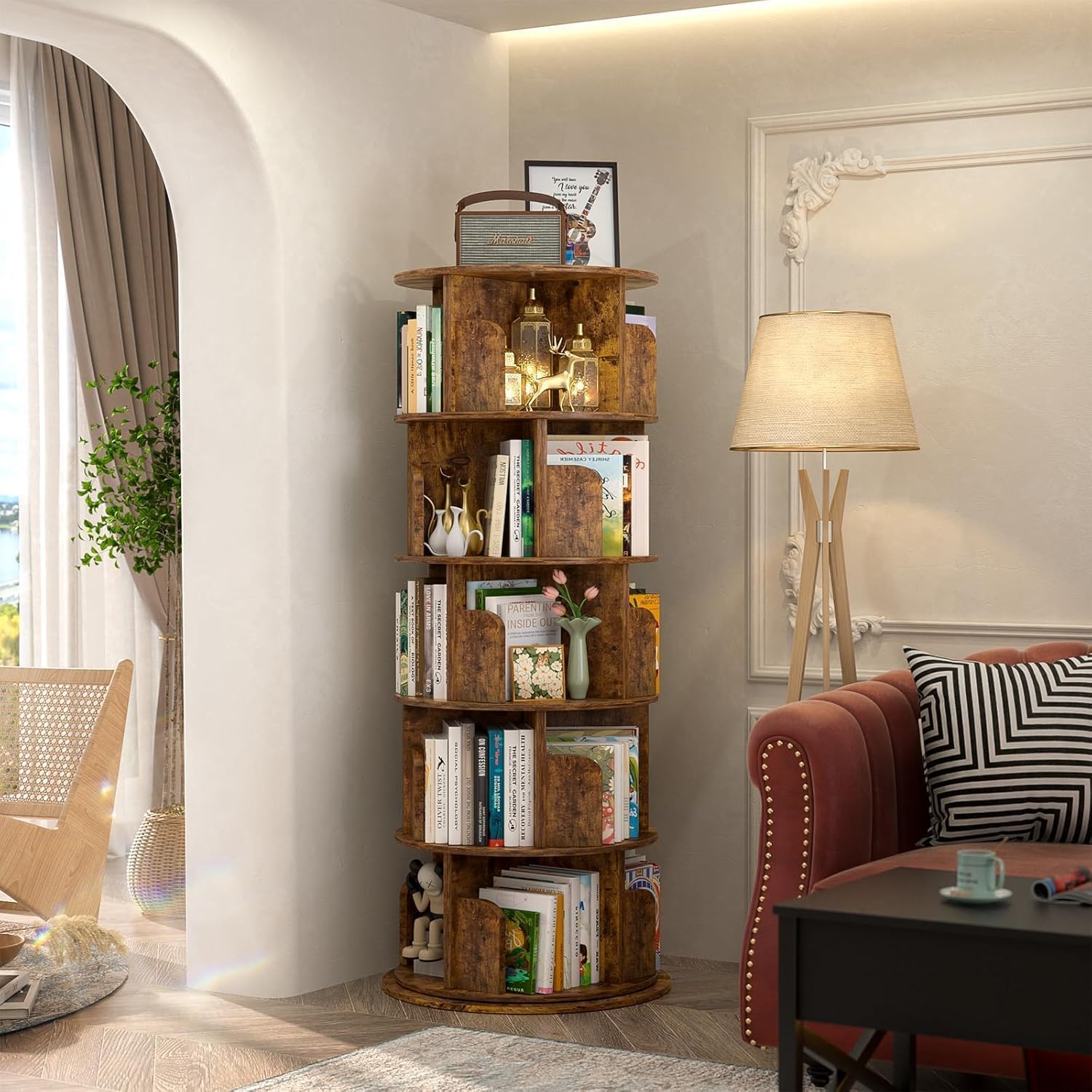 Bibliothèque rotative à 5 Niveaux, Tour en Bois, bibliothèque Ronde pivotante à 360°, étagère étroite pivotante à roulettes, pour Chambre à Coucher, Bureau, Marron Brun Rustique