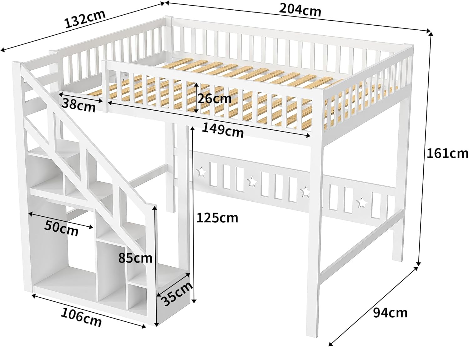 Lit Superposé Enfant 90x200 cm, Lit Mezzanine Multifonctionnel avec Escalier de Rangement et Barrière de Sécurité, Bois Massif Blanc, pour Garçon et Fille (Blanc, 90 x 200 cm) Blanc 90 x 200 cm