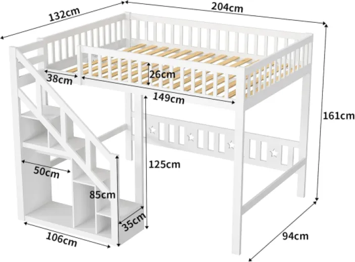 Lit Superposé Enfant 90x200 cm, Lit Mezzanine Multifonctionnel avec Escalier de Rangement et Barrière de Sécurité, Bois Massif Blanc, pour Garçon et Fille (Blanc, 90 x 200 cm) Blanc 90 x 200 cm