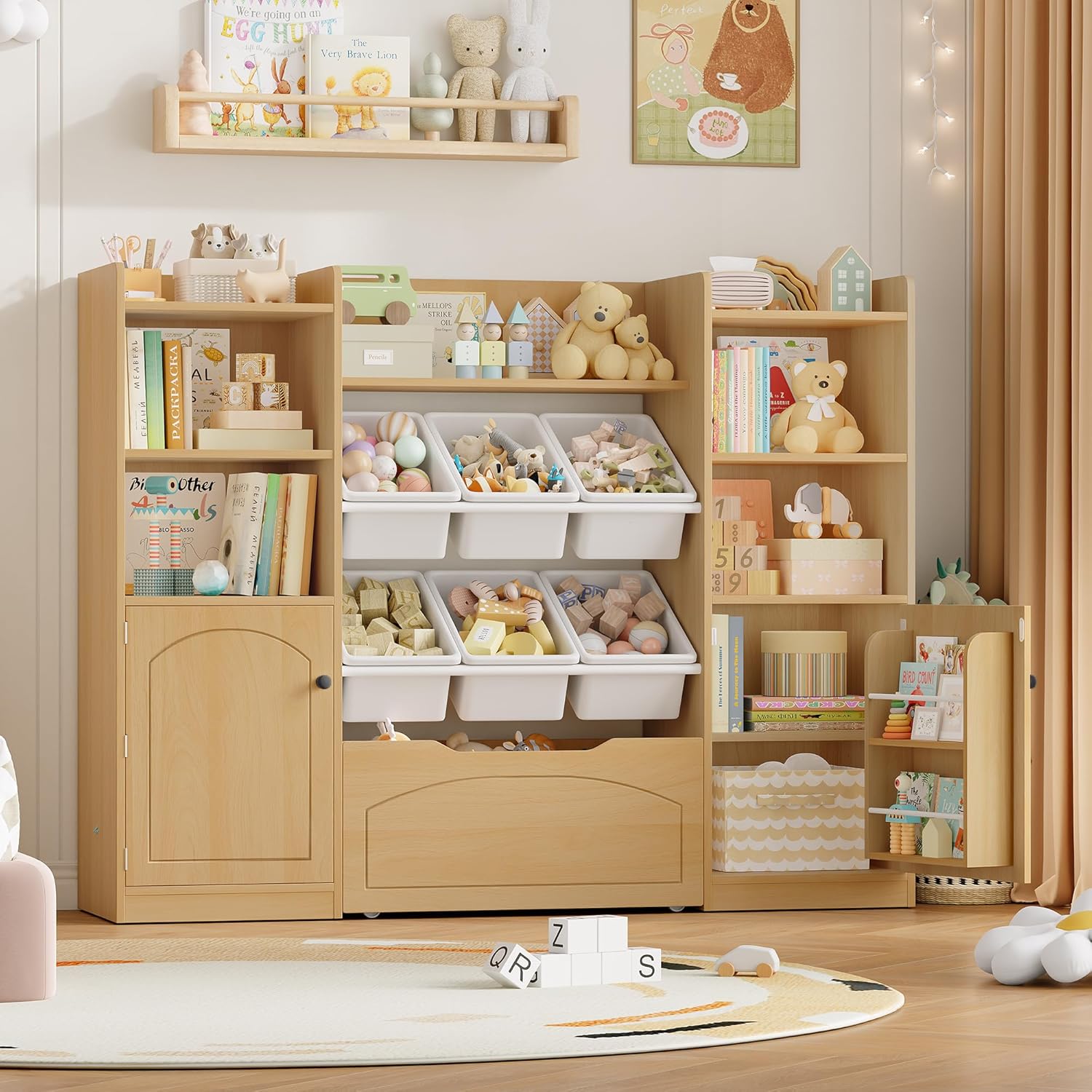 Meuble Rangement Enfant Bibliothèque Enfant avec 15 Étagères 6 Boîtes Amovibles 1 Tiroirs Roulants 2 Portes Rangement Jouet pour Chambre d'enfants Salle de Jeu 140x33x108.2cm Chêne