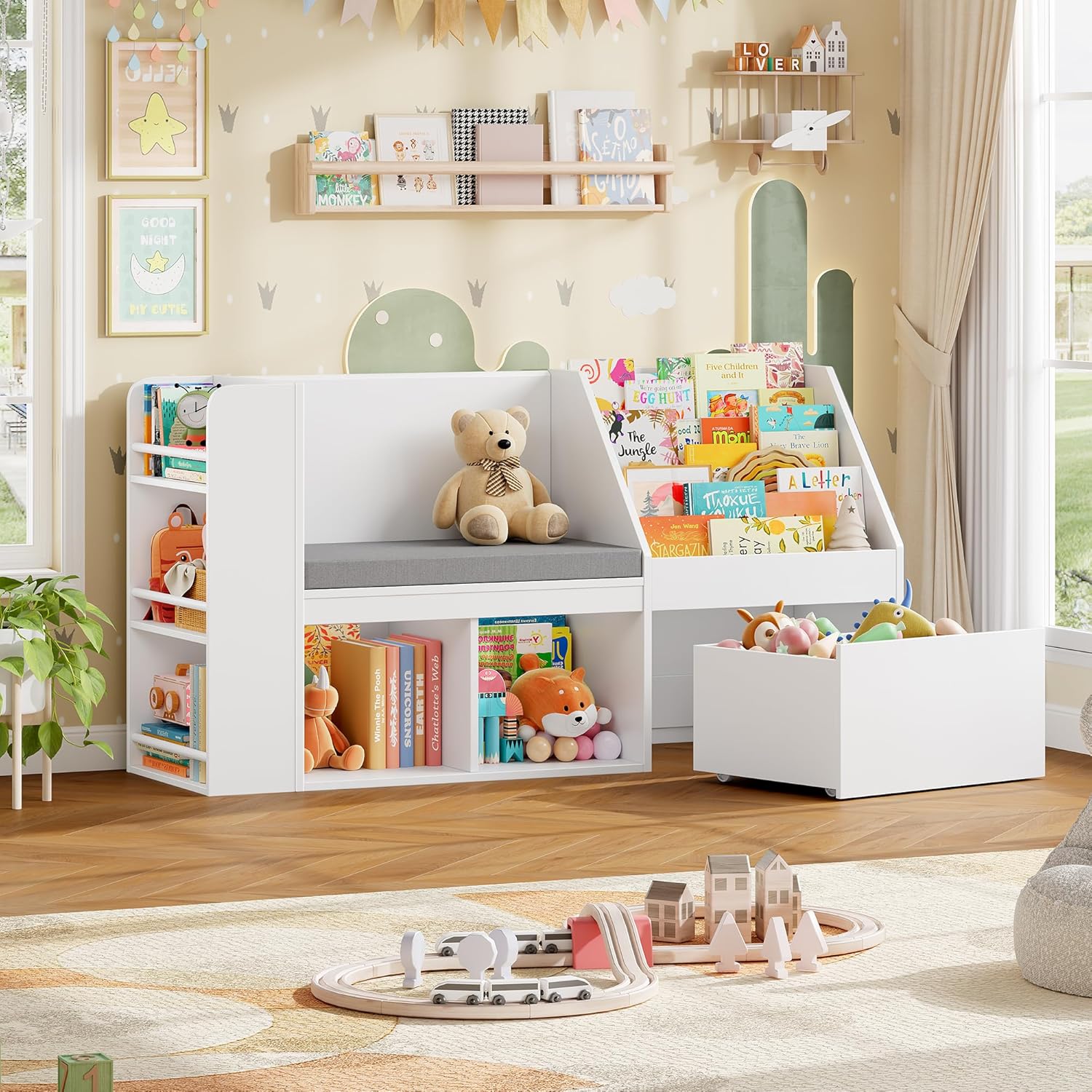 HOCSOK Bibliothèque Enfants, Meuble Rangement Enfant avec Bibliothèque Banc, Étagère à Jouets pour Enfant avec Tiroirs Roulants, Meuble Rangement Jouet, Blanc