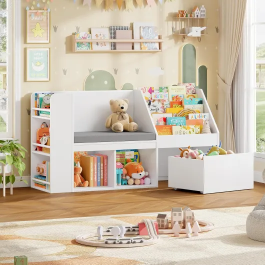 HOCSOK Bibliothèque Enfants, Meuble Rangement Enfant avec Bibliothèque Banc, Étagère à Jouets pour Enfant avec Tiroirs Roulants, Meuble Rangement Jouet, Blanc