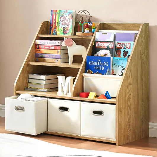 Étagère pour enfant avec rangement de jouets – Étagère à livres en bois à 4 niveaux pour tout-petits avec 3 tiroirs mobiles - Bibliothèque Montessori & organisateur de rangement pour chambre d'enfant Marron