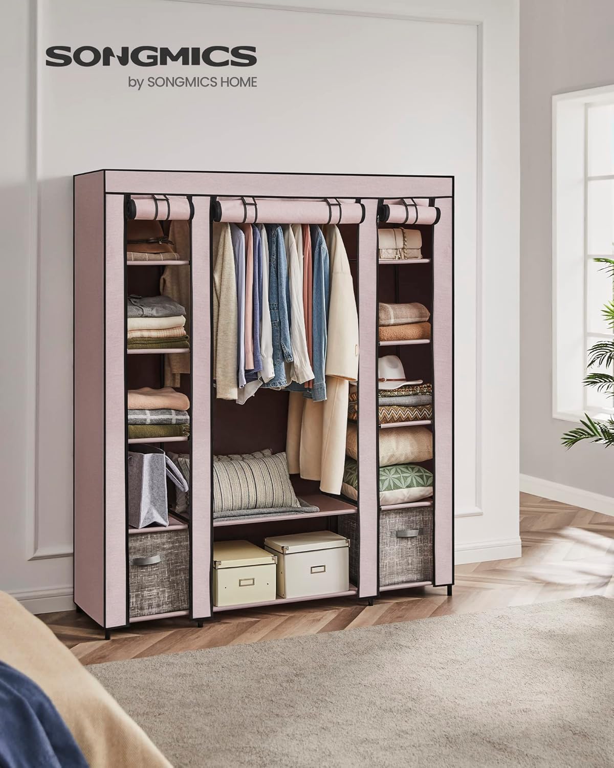 LSF003P02 Armoire en Tissu, Armoire Portable pour Chambre à Coucher, Porte-vêtements, 45 x 150 x 175 cm, 12 Compartiments, Structure en métal, Rose poussiéreux Rose Poudré