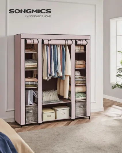 LSF003P02 Armoire en Tissu, Armoire Portable pour Chambre à Coucher, Porte-vêtements, 45 x 150 x 175 cm, 12 Compartiments, Structure en métal, Rose poussiéreux Rose Poudré