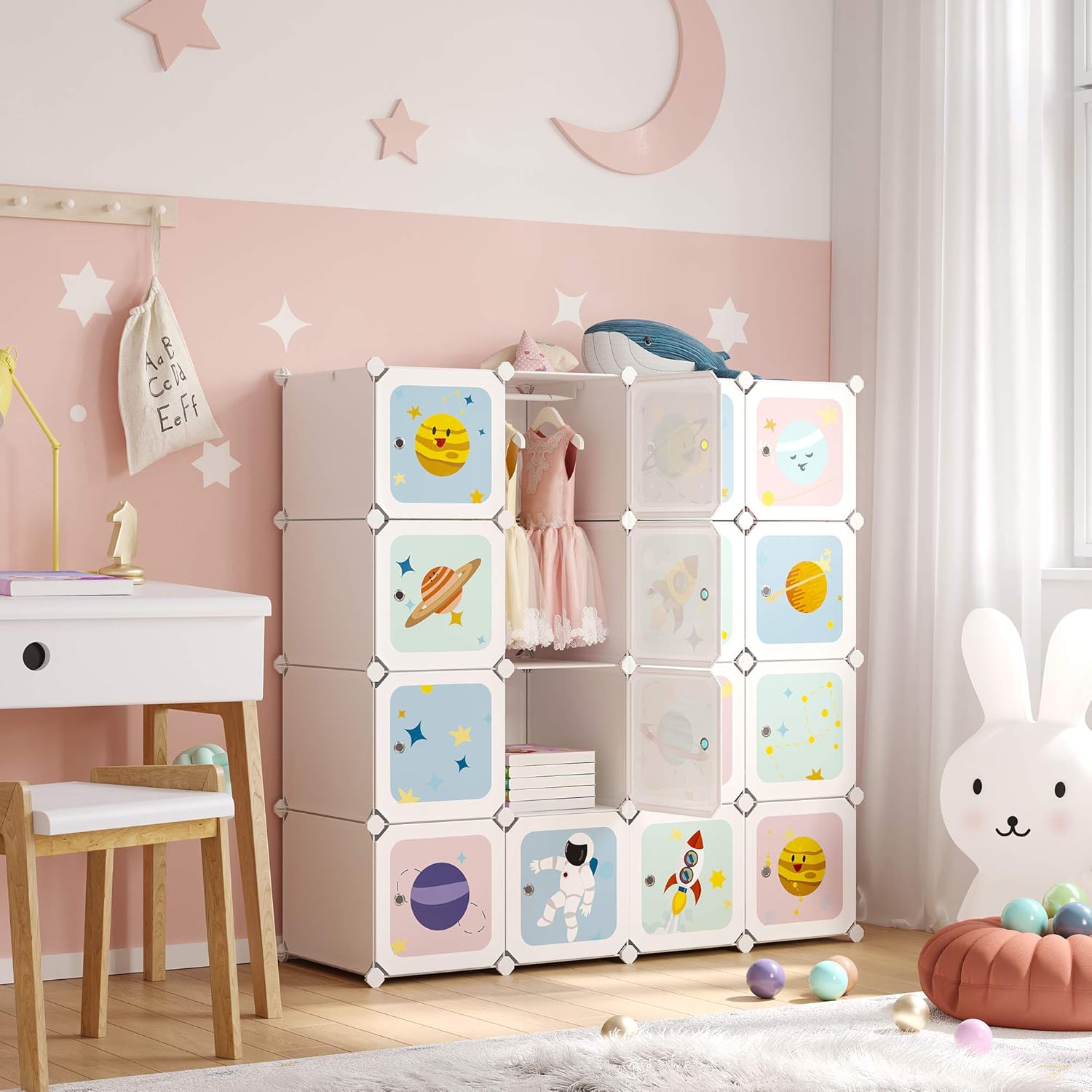 Armoire modulable, Placard de Rangement Portable, Organisateur vêtements Enfant, avec 16 Cubes, 4 Rails Suspendus, 123 x 41 x 123 cm, Blanc LPC905W01 Blanc 16 Grand Cubes