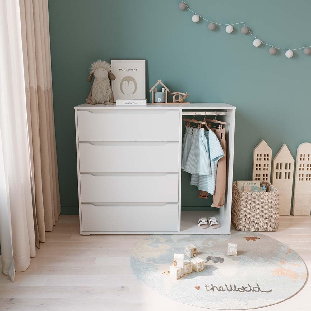 Armoire pour Enfants Ruben, Blanc, 120x101.9cm avec 4 tiroirs, adapté au Rangement des vêtements et Accessoires pour Enfants