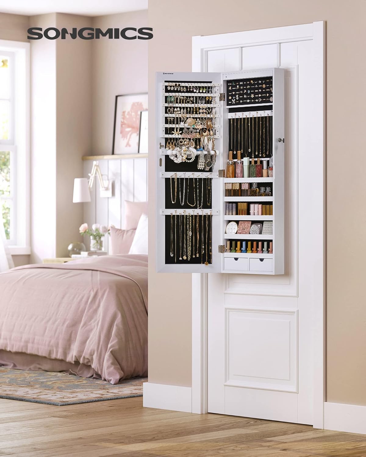 Armoire à Bijoux avec Miroir Long, Rangement Bijoux avec 6 Lampes LED, à Suspendre à la Porte ou à Fixer au Mur, Grande Capacité, 2 Tiroirs, Blanc JJC99WT 36,8L x 10l x 120H cm Sans miroir intégré
