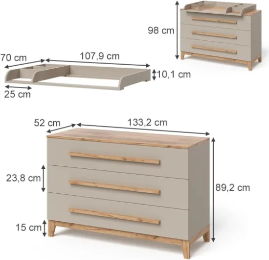 VitaliSpa Table à Langer Malia, Cachemire/Artisan, 133.2x98cm avec 3 tiroirs, avec Plan à Langer Amovible pour Une Utilisation comme Commode Cashmere/Artisan Oak