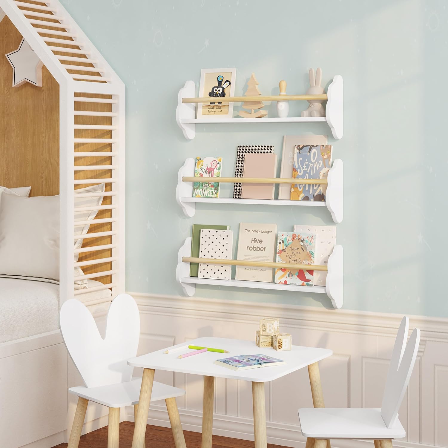 Bibliothèque pour Enfants, Étagère Murale avec 3 Tablettes, en Forme de Nuage, Montessori, en Pin et MDF, pour Chambre d'enfant, Salle de Jeux, Blanc 65 x 12,7 x 23 cm Blanc