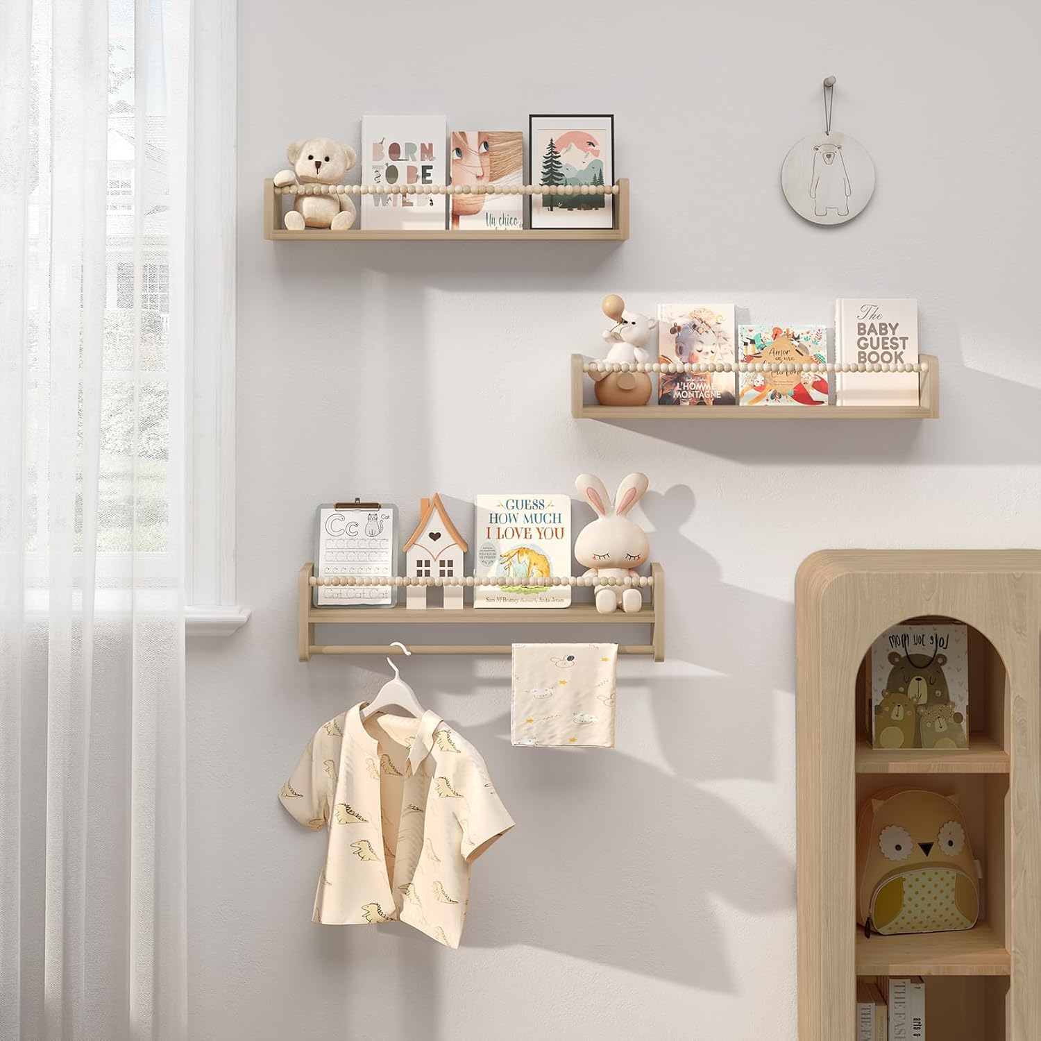 Étagère Murale pour Enfant, Lot de 3, Étagère Livre Enfant, en Bois Massif, 60cm, avec Perles en Bois 60 x 15 x 14 cm Bois Naturel