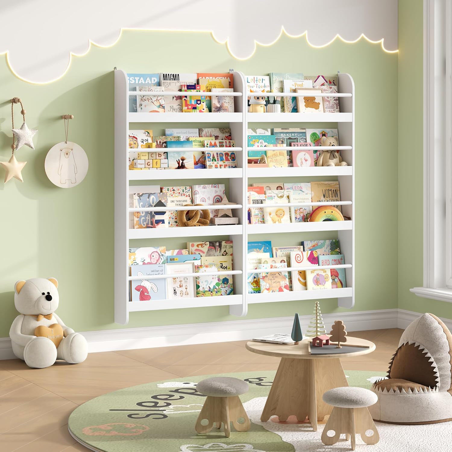 Bibliotheque Enfant, Bibliothèque Murale avec 4 Étagères, Etagere Murale, Rangement Livre Jouets pour Chambre d'enfants Salle de Jeux, Blanc 58x12x111cm