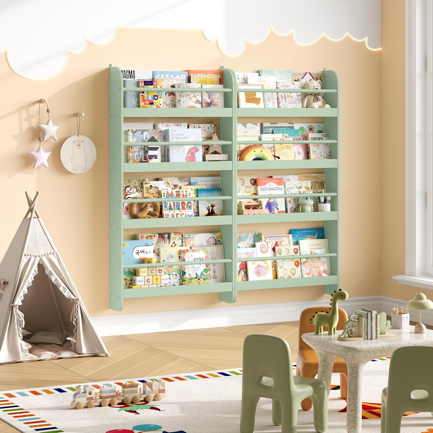 Bibliotheque Enfant, Bibliothèque Murale avec 4 Étagères, Etagere Murale, Rangement Livre Jouets pour Chambre d'enfants Salle de Jeux, Vert 58x12x111cm