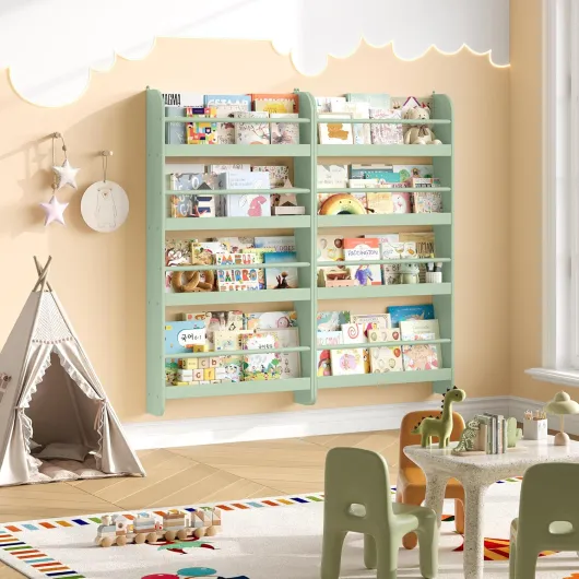 Bibliotheque Enfant, Bibliothèque Murale avec 4 Étagères, Etagere Murale, Rangement Livre Jouets pour Chambre d'enfants Salle de Jeux, Vert 58x12x111cm