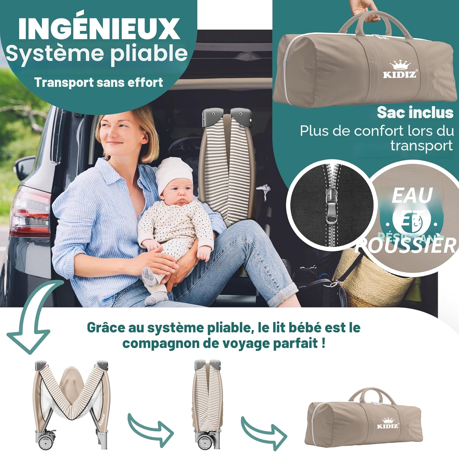 KIDIZ® 3 en 1 Set de lit pour bébé de voyage avec matelas à langer combiné - Avec moustiquaire - Parc pour bébé de la naissance à 15 kg, pliable, noir/beige Schwarz / Beige