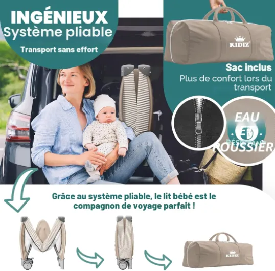 KIDIZ® 3 en 1 Set de lit pour bébé de voyage avec matelas à langer combiné - Avec moustiquaire - Parc pour bébé de la naissance à 15 kg, pliable, noir/beige Schwarz / Beige