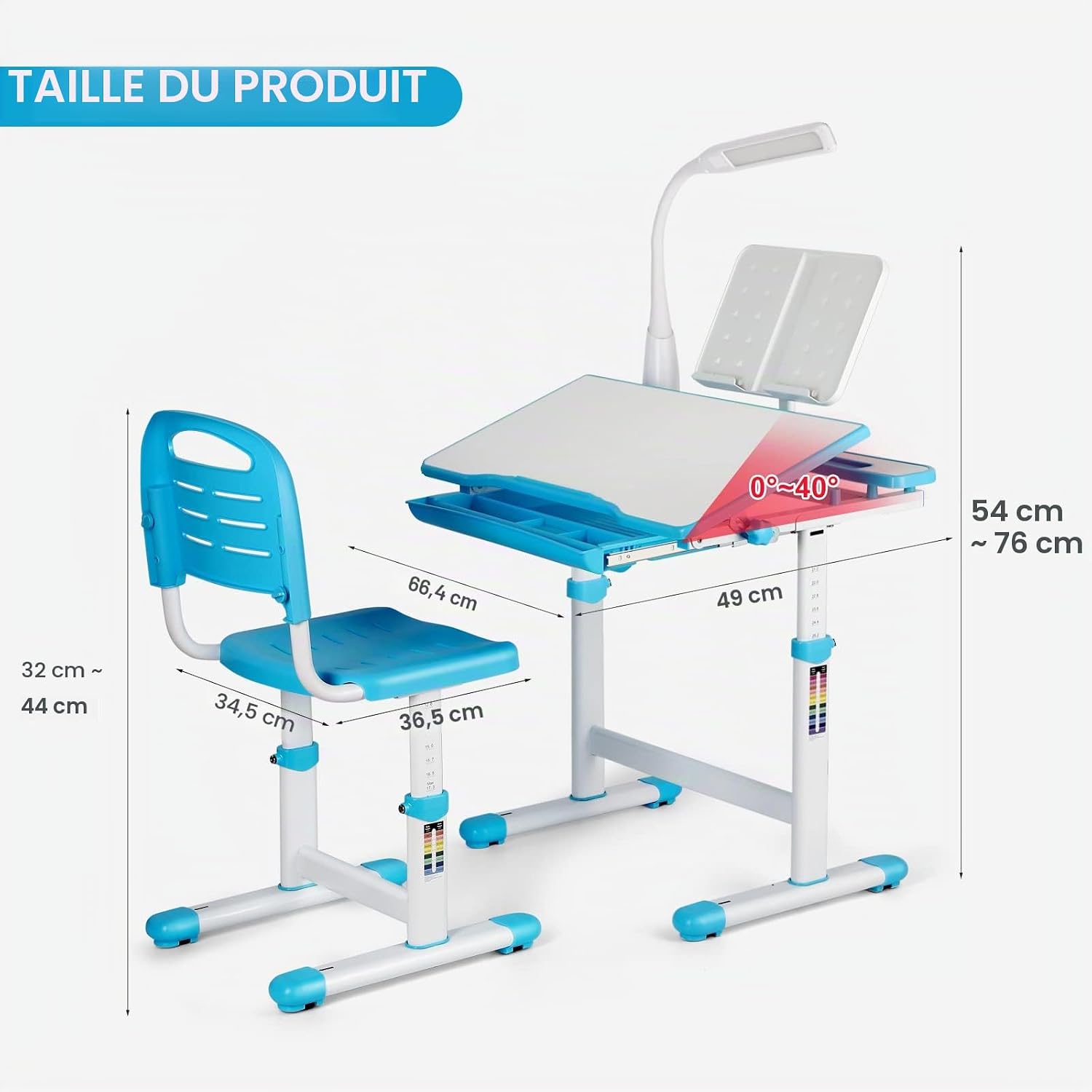 JOYLDIAS Bureau pour Enfant réglable en Hauteur avec Lampe et Chaise et tiroir avec Petit Seau Bleu