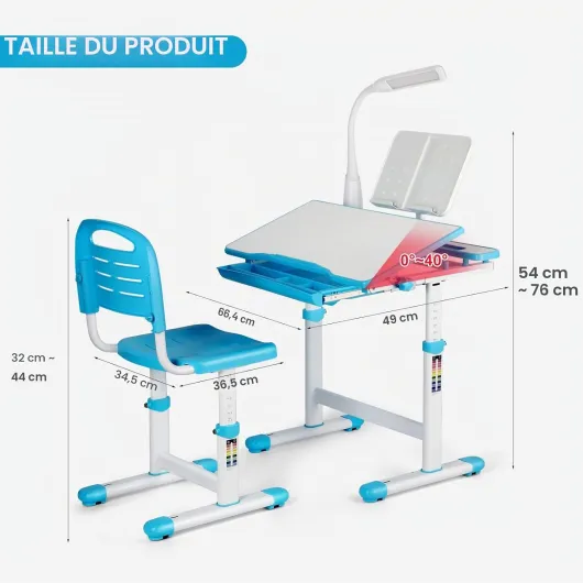 JOYLDIAS Bureau pour Enfant réglable en Hauteur avec Lampe et Chaise et tiroir avec Petit Seau Bleu