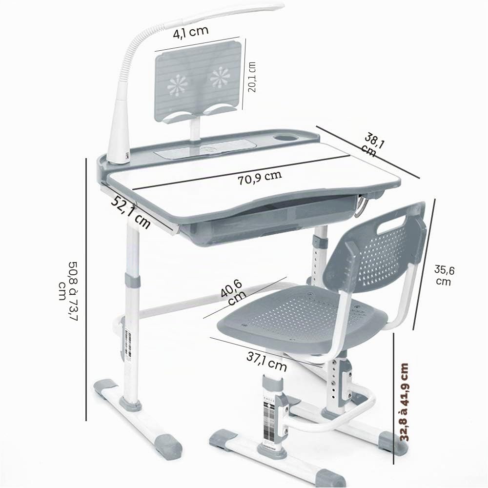 Ensemble de bureau et de chaise pour enfant - Table réglable avec lampe de protection des yeux - Support de livres - Bureau incliné - Idéal pour écrire, lire et dessiner - Gris