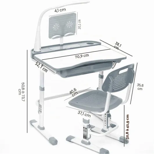 Ensemble de bureau et de chaise pour enfant - Table réglable avec lampe de protection des yeux - Support de livres - Bureau incliné - Idéal pour écrire, lire et dessiner - Gris