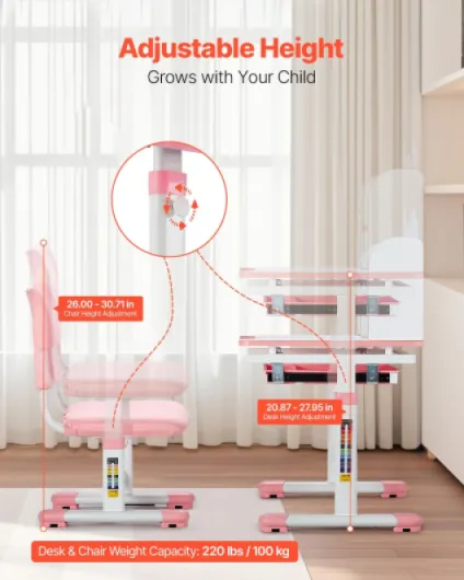 Ensemble Chaise et Bureau pour Enfants, avec étagère et tiroir de Rangement, Table et Chaise d'étude pour Enfants à Hauteur réglable, pour Apprentissage, pour Chambre et Salle d'étude, Rose 20.5-40.34inch Rose