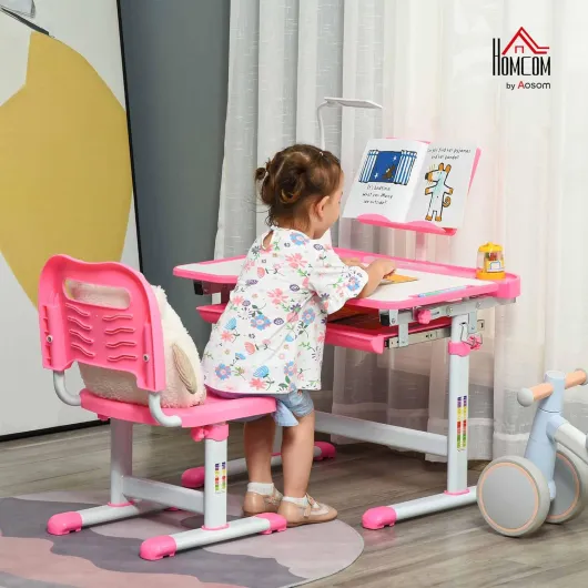 Ensemble chaise et bureau pour enfants avec lampe LED, hauteur réglable, table et chaise d'étude pour enfants, plateau incliné, support de lecture, boîte à stylos, tiroir et porte-gobelet, rose