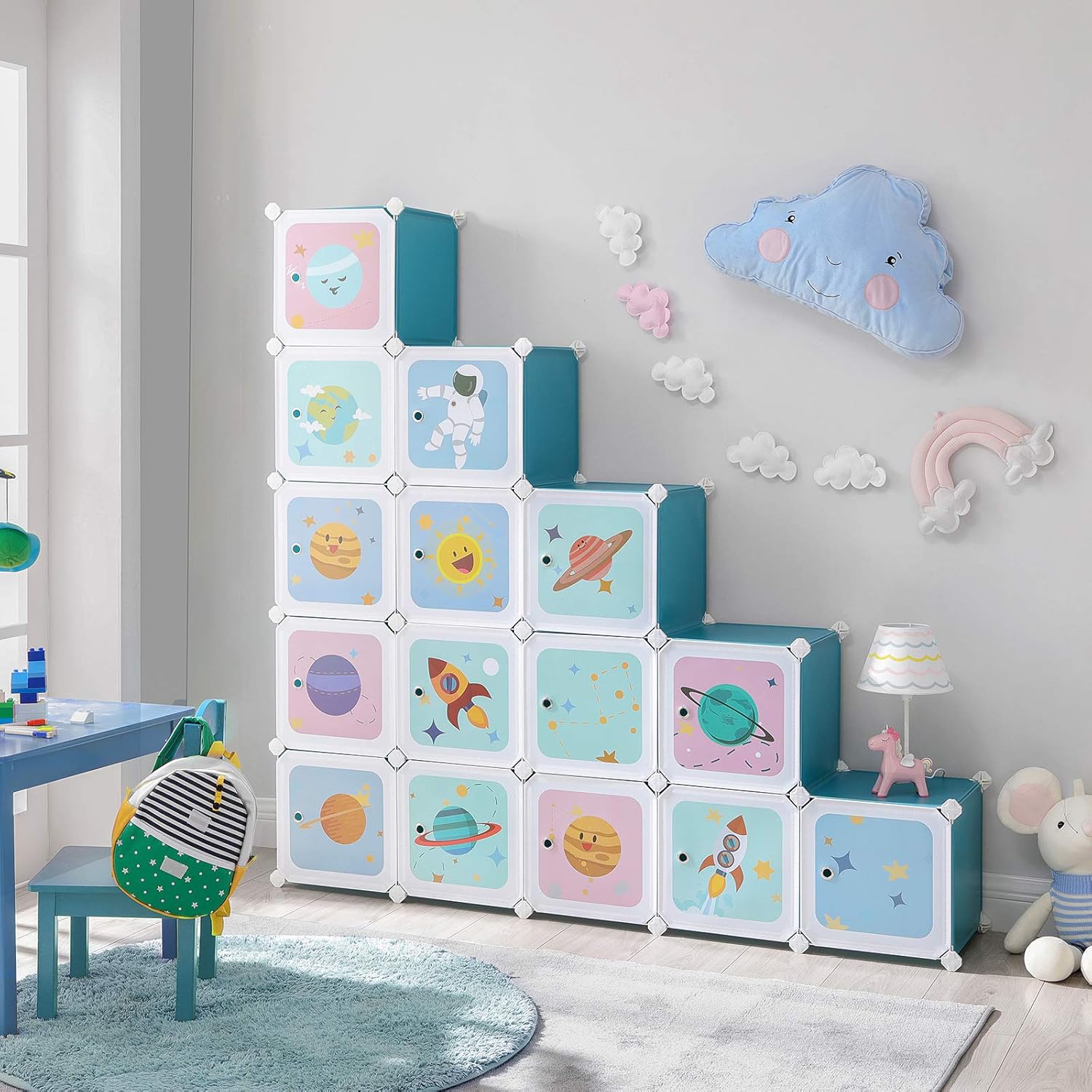 Meuble de Rangement Enfant 15 Cubes, Armoire modulable avec Portes, Étagère en Plastique, pour vêtements, Chaussures, Jouets, Sacs d'école, 153 x 31 x 153 cm, Bleu LPC902Q01 Bleu 15 Cubes