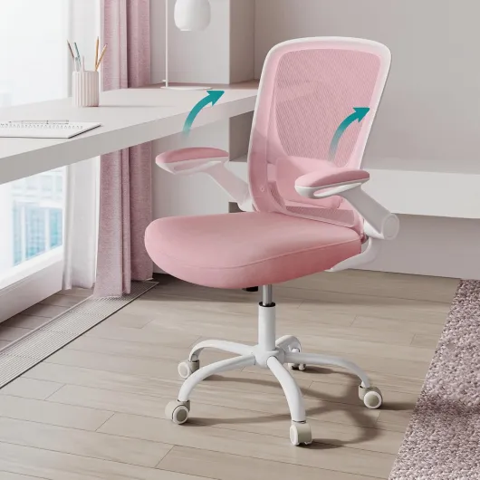 Chaise Bureau Ergonomique, Tissu en Maille, Support Lombaire, Mécanisme à Bascule, Assise Large de 53 cm, Accoudoirs Rabattables, pour Bureau, Chambre, Rose Bonbon OBN037R01 Rose Bonbon sans Appui-tête